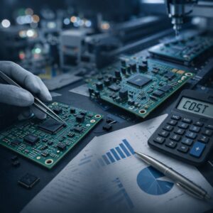 A technician works on a circuit board with tweezers near graphs, a pen, and a calculator displaying the word "COST" in a technology lab setting.