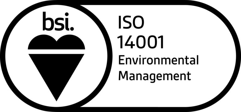 Black and white logo featuring the BSI heart symbol and text reading "ISO 14001 Environmental Management," ideal for an electronics manufacturer committed to environmental standards.