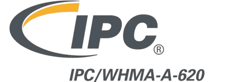 IPC/WHMA-A-620 logo featuring the letters "IPC" with a stylised yellow and grey curved line above, and the standard name below—recognised by Electronics Manufacturers worldwide.