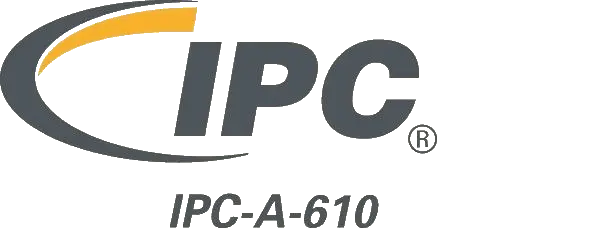 IPC logo with a yellow swoosh above the bold, black letters "IPC"; "IPC-A-610" is written below in black text, signifying quality standards for Electronics Manufacturers.