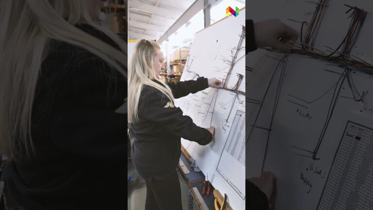A person stands at a large whiteboard covered with wire diagrams and notes, organising or connecting wires in a contract electronics manufacturer Ballynahinch workshop setting.